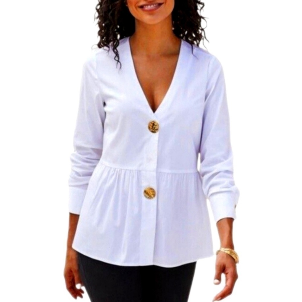 Soft Surroundings Lola Blouse Large White Lightweight Gold Buttons V-Neck Tiered